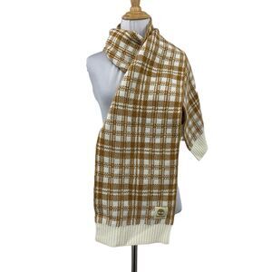 Timberland Knit Scarf Women 62X10 Spice Cream Buffalo Plaid Cozy Soft Rib Trim